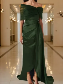 Black Tie Mermaid / Trumpet Evening Gown Elegant Dress Black Formal Dress Wedding Sweep / Brush Train Sleeveless Off Shoulder Tulle with Pleats