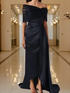 Black Tie Mermaid / Trumpet Evening Gown Elegant Dress Black Formal Dress Wedding Sweep / Brush Train Sleeveless Off Shoulder Tulle with Pleats