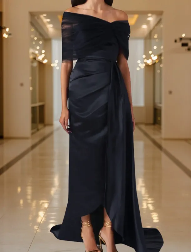 Black Tie Mermaid / Trumpet Evening Gown Elegant Dress Black Formal Dress Wedding Sweep / Brush Train Sleeveless Off Shoulder Tulle with Pleats