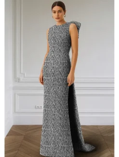 Black Tie Mermaid / Trumpet Crystal-embellished Jersey Evening Gown Elegant Dress Formal Wedding Floor Length Sleeveless Crew Neck with Detachable Bow(s)