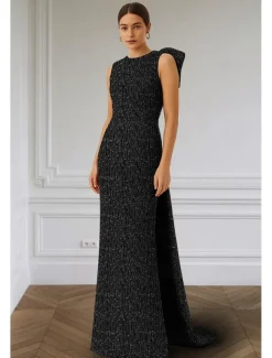 Black Tie Mermaid / Trumpet Crystal-embellished Jersey Evening Gown Elegant Dress Formal Wedding Floor Length Sleeveless Crew Neck with Detachable Bow(s)