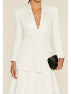 Black Tie Women's Suits Top Mother of the Bride Elegant Satin Peak Lapel Crepe Stretch Fabric Long Sleeve with Buttons Solid Color