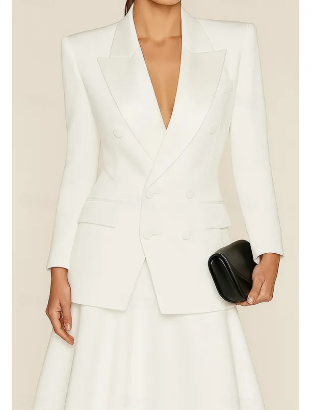 Black Tie Women's Suits Top Mother of the Bride Elegant Satin Peak Lapel Crepe Stretch Fabric Long Sleeve with Buttons Solid Color