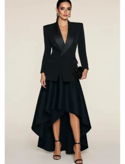 Black Tie Women's Suits Top Mother of the Bride Elegant Satin Peak Lapel Crepe Stretch Fabric Long Sleeve with Buttons Solid Color