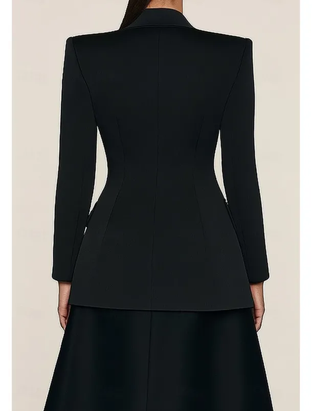 Black Tie Women's Suits Top Mother of the Bride Elegant Satin Peak Lapel Crepe Stretch Fabric Long Sleeve with Buttons Solid Color