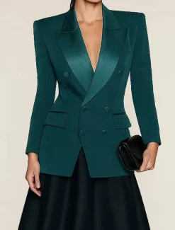 Black Tie Women's Suits Top Mother of the Bride Elegant Satin Peak Lapel Crepe Stretch Fabric Long Sleeve with Buttons Solid Color