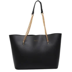 Black Tote Bag with Gold Chain Straps – Stylish and Spacious PU Leather Handbag for Women, Perfect for Work, Travel, and Everyday Use