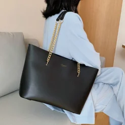 Black Tote Bag with Gold Chain Straps – Stylish and Spacious PU Leather Handbag for Women, Perfect for Work, Travel, and Everyday Use