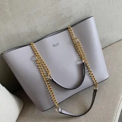 Black Tote Bag with Gold Chain Straps – Stylish and Spacious PU Leather Handbag for Women, Perfect for Work, Travel, and Everyday Use