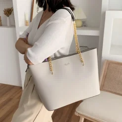 Black Tote Bag with Gold Chain Straps – Stylish and Spacious PU Leather Handbag for Women, Perfect for Work, Travel, and Everyday Use