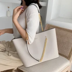 Black Tote Bag with Gold Chain Straps – Stylish and Spacious PU Leather Handbag for Women, Perfect for Work, Travel, and Everyday Use