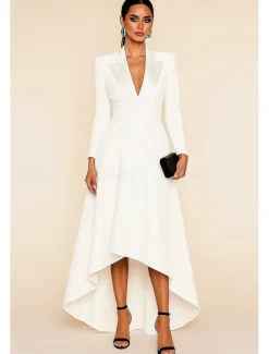 Black Tuxedo Dress High-low Dress Formal Wedding Guest Dresses Blazer Dress A-Line Satin Peak Lapel Stretch Crepe Long Sleeve Floor Length With Covered Buttons