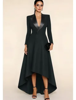 Black Tuxedo Dress High-low Dress Formal Wedding Guest Dresses Blazer Dress A-Line Satin Peak Lapel Stretch Crepe Long Sleeve Floor Length With Covered Buttons
