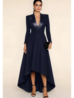 Black Tuxedo Dress High-low Dress Formal Wedding Guest Dresses Blazer Dress A-Line Satin Peak Lapel Stretch Crepe Long Sleeve Floor Length With Covered Buttons