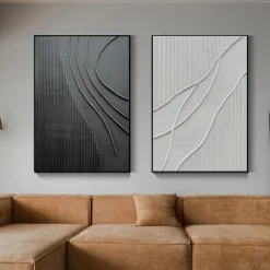 Black White Modern Minimalist Wall Art Modern Minimalist Art Black 3D Texture Painting Abstract Painting Home Wall Decor Stretched Frame Ready to Hang