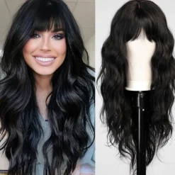 Black Wig with Bangs for Women Long Wavy Hair Wig Black Wig Curly Wavy Synthetic Wigs for Girls Daily Party Use