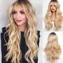 Black Wig with Bangs for Women Long Wavy Hair Wig Black Wig Curly Wavy Synthetic Wigs for Girls Daily Party Use