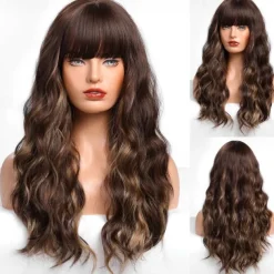 Black Wig with Bangs for Women Long Wavy Hair Wig Black Wig Curly Wavy Synthetic Wigs for Girls Daily Party Use