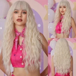 Black Wig with Bangs for Women Long Wavy Hair Wig Black Wig Curly Wavy Synthetic Wigs for Girls Daily Party Use