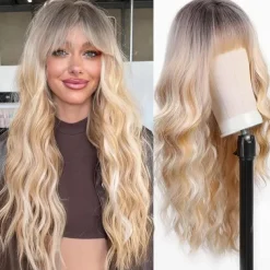 Black Wig with Bangs for Women Long Wavy Hair Wig Black Wig Curly Wavy Synthetic Wigs for Girls Daily Party Use