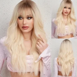 Black Wig with Bangs for Women Long Wavy Hair Wig Black Wig Curly Wavy Synthetic Wigs for Girls Daily Party Use