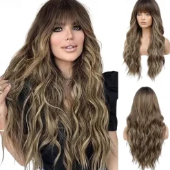 Black Wig with Bangs for Women Long Wavy Hair Wig Black Wig Curly Wavy Synthetic Wigs for Girls Daily Party Use