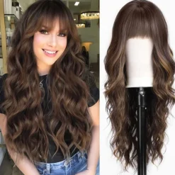 Black Wig with Bangs for Women Long Wavy Hair Wig Black Wig Curly Wavy Synthetic Wigs for Girls Daily Party Use