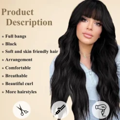 Black Wig with Bangs for Women Long Wavy Hair Wig Black Wig Curly Wavy Synthetic Wigs for Girls Daily Party Use