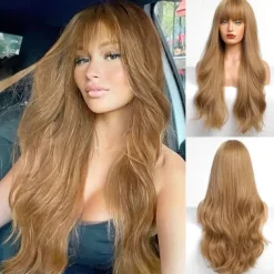 Black Wig with Bangs for Women Long Wavy Hair Wig Black Wig Curly Wavy Synthetic Wigs for Girls Daily Party Use