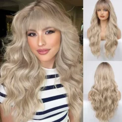 Black Wig with Bangs for Women Long Wavy Hair Wig Black Wig Curly Wavy Synthetic Wigs for Girls Daily Party Use