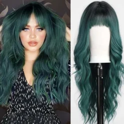 Black Wig with Bangs for Women Long Wavy Hair Wig Black Wig Curly Wavy Synthetic Wigs for Girls Daily Party Use