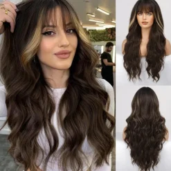 Black Wig with Bangs for Women Long Wavy Hair Wig Black Wig Curly Wavy Synthetic Wigs for Girls Daily Party Use