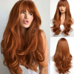 Black Wig with Bangs for Women Long Wavy Hair Wig Black Wig Curly Wavy Synthetic Wigs for Girls Daily Party Use