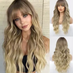 Black Wig with Bangs for Women Long Wavy Hair Wig Black Wig Curly Wavy Synthetic Wigs for Girls Daily Party Use