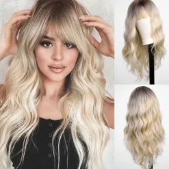 Black Wig with Bangs for Women Long Wavy Hair Wig Black Wig Curly Wavy Synthetic Wigs for Girls Daily Party Use