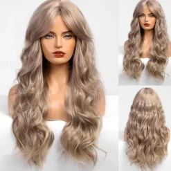 Black Wig with Bangs for Women Long Wavy Hair Wig Black Wig Curly Wavy Synthetic Wigs for Girls Daily Party Use