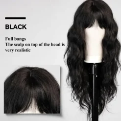 Black Wig with Bangs for Women Long Wavy Hair Wig Black Wig Curly Wavy Synthetic Wigs for Girls Daily Party Use