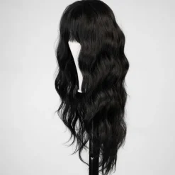 Black Wig with Bangs for Women Long Wavy Hair Wig Black Wig Curly Wavy Synthetic Wigs for Girls Daily Party Use