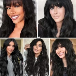 Black Wig with Bangs for Women Long Wavy Hair Wig Black Wig Curly Wavy Synthetic Wigs for Girls Daily Party Use