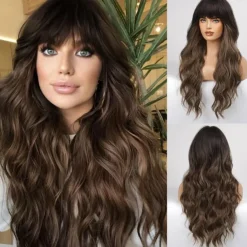 Black Wig with Bangs for Women Long Wavy Hair Wig Black Wig Curly Wavy Synthetic Wigs for Girls Daily Party Use