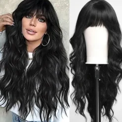 Black Wig with Bangs for Women Long Wavy Hair Wig Black Wig Curly Wavy Synthetic Wigs for Girls Daily Party Use