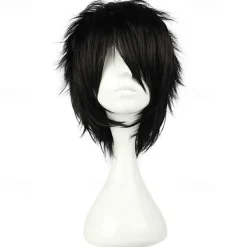 Black Wigs for Men Cosplay Wig Synthetic Wig Curly Asymmetrical Wig Short Black Synthetic Hair 12 Inch Men's Fluffy Black Halloween Wigs