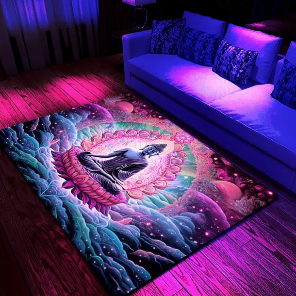 Blacklight Rug UV Reactive Glow in the Dark Area Rug Kitchen Mat Non-Slip Oil Proof Trippy Buddha Floor Mat Livingroom Rug Indoor Outdoor Mat Bedroom Decor Bathroom Mat Entrance Rug Door Mat