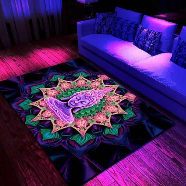 Blacklight Rug UV Reactive Glow in the Dark Area Rug Kitchen Mat Non-Slip Oil Proof Trippy Buddha Floor Mat Livingroom Rug Indoor Outdoor Mat Bedroom Decor Bathroom Mat Entrance Rug Door Mat