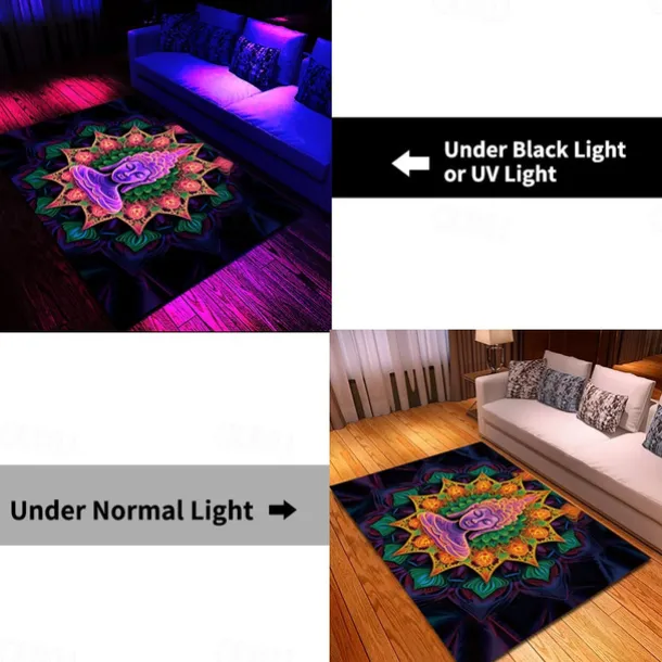 Blacklight Rug UV Reactive Glow in the Dark Area Rug Kitchen Mat Non-Slip Oil Proof Trippy Buddha Floor Mat Livingroom Rug Indoor Outdoor Mat Bedroom Decor Bathroom Mat Entrance Rug Door Mat