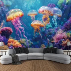Blacklight Tapestry Glow in the Dark Glow Party UV Reactive Jellyfish Trippy Misty Nature Landscape Hanging Tapestry Wall Art Mural for Living Room Bedroom