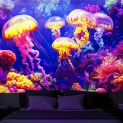 Blacklight Tapestry Glow in the Dark Glow Party UV Reactive Jellyfish Trippy Misty Nature Landscape Hanging Tapestry Wall Art Mural for Living Room Bedroom