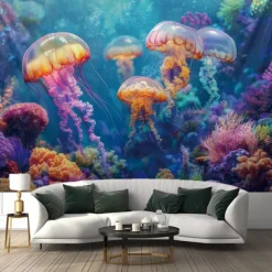 Blacklight Tapestry Glow in the Dark Glow Party UV Reactive Jellyfish Trippy Misty Nature Landscape Hanging Tapestry Wall Art Mural for Living Room Bedroom