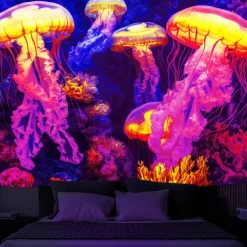 Blacklight Tapestry Glow in the Dark Glow Party UV Reactive Jellyfish Trippy Misty Nature Landscape Hanging Tapestry Wall Art Mural for Living Room Bedroom