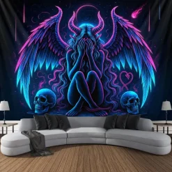 Blacklight Tapestry Glow in the Dark Glow Party UV Reactive Demons Trippy Misty Hanging Tapestry Wall Art Mural for Living Room Bedroom